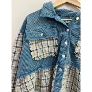 POL Plaid Corduroy Shacket‎ Raw Hem Boho Oversized Button Down Size L thumbnail 4