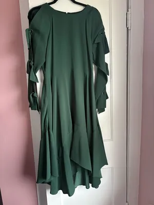 BCBGMAXAZRIA Cicely Emerald Green Asymmetrical Tie Sleeve Dress Size 6 thumbnail 2
