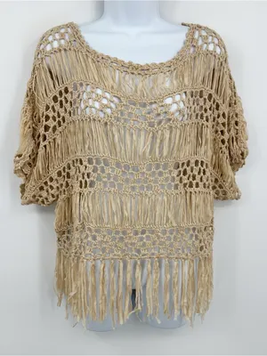 Dislay Paris Tan Open Knit Boho Short Sleeve Blouse Size Small Whimsical Fairy thumbnail 9