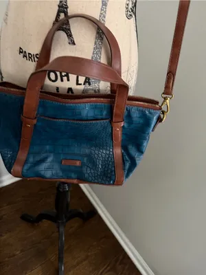 Fossil Blue croc-embossed leather 2-way satchel/crossbody with brown trim thumbnail 8