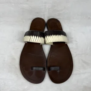 Tory Burch Woven Leather Toe Loop Flat Sandals Brown Cream Size‎ 7 thumbnail 4