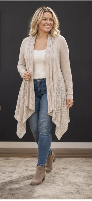 Dressbarn Petite L Beige Crochet Open Front Cardigan thumbnail 1