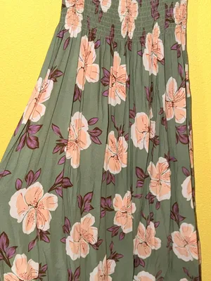 Olive Green Floral Maxi Dress with Puff Sleeves thumbnail 6