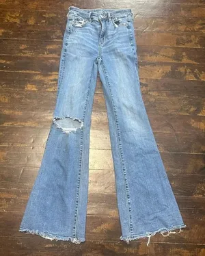 American Eagle 00 distressed super high rise flare hippy jeans thumbnail 1