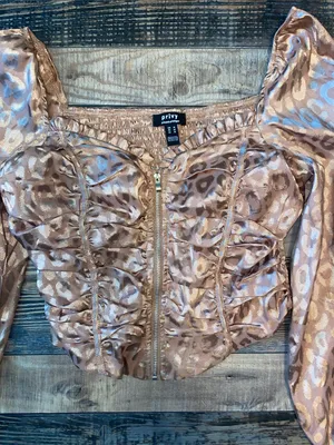 privy Ruched Rose Gold Metallic Leopard-Print Puff Sleeve Corset Crop Top thumbnail 3