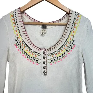 We The Free Free People White Waffle Knit Embroidered Henley Thermal Top‎ Large thumbnail 3