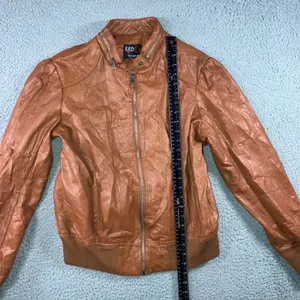 Faux Leather Bomber‎ Jacket Women 1X Cognac Brown Moto Zip Up Edgy Grunge Biker thumbnail 10