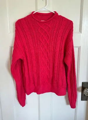 J.Crew hot pink roll neck cable knit sweater size medium thumbnail 1