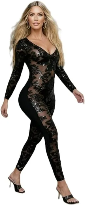 NWT Tiberu Black Sequined Long Sleeve Semi-Sheer Jumpsuit Women's Size Small thumbnail 1