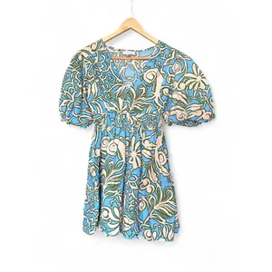 Tropical Floral Puff Sleeve Mini Dress Coastal Resort Cotton Blue Green Small thumbnail 2