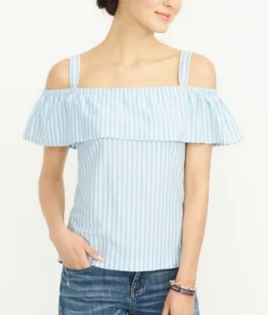 J.Crew Blue and White Striped Off the Shoulder Top Size S thumbnail 1