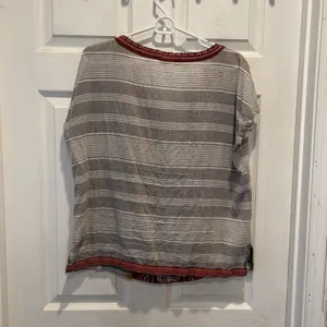 THML Womens Gray Striped Embroidered Boho‎ V-Neck Tassel Top Large Beachy Boho thumbnail 6