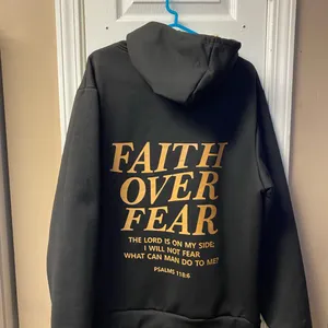 Faith Over Fear Black Oversized Hoodie with Orange Print. Unisex thumbnail 2
