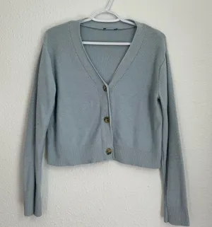 Light baby blue cropped knit button down cardigan, size S thumbnail 1