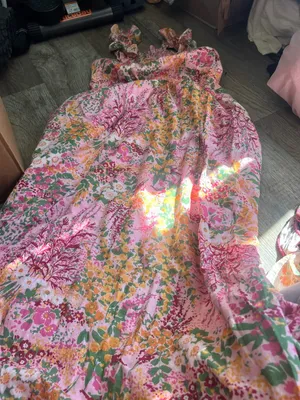 Banjanan L Alexa Floral Pink Green Maxi Tank Ruffle 100% Cotton Dress India Boho thumbnail 6