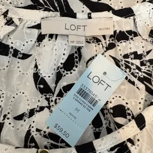 NWT Loft Botanical Eyelet Blouse White Black Cap Sleeve‎ Cotton Medium Petite thumbnail 4
