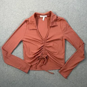 Planet Gold Women's Medium Ribbed Ruched Drawstring V-Neck Long Sleeve Crop Top thumbnail 1