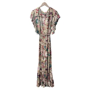 NEW BALIelf Made by Hand Carmen Wrap Short Sleeve Maxi Dress Beige Floral XL thumbnail 5