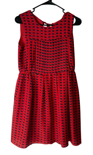 Girlfriends Material Red Navy‎ Heart Print Pleated Sleeveless A-Line Dress M thumbnail 1
