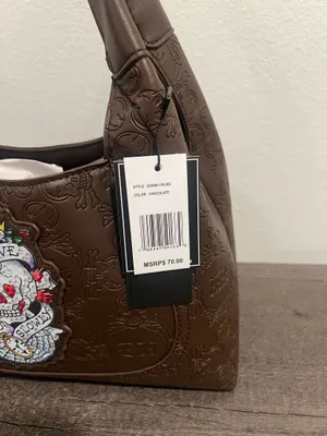 Chocolate Brown Embossed Shoulder Bag with Skull Patch by Ed Hardy thumbnail 2