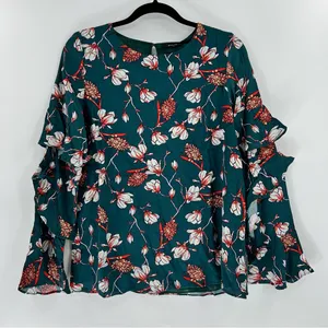 Miss Me Womens Small Teal Floral Ruffle Sleeve Blouse NWT Boho Keyhole thumbnail 1