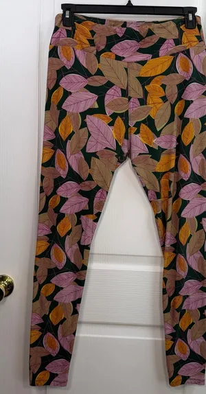 Lularoe green multicolor leaf print soft‎ lightweight stretch leggings pants XL thumbnail 1