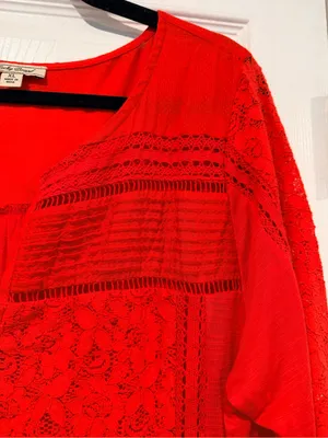 Lucky Brand Size XL Red Lace Boho Tunic Blouse 3/4 Sleeve Floral Peasant Top thumbnail 5