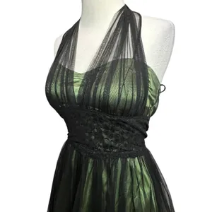 Vintage Y2K Cumbia Dress‎ XS Green Satin Black Mesh Goth Dark Fairy Whimsygoth thumbnail 3
