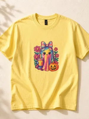 Gildan Cute Ghost & Pumpkin Halloween Yellow Unisex T-Shirt 100% Cotton Size XL NWT thumbnail 2