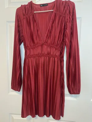 ZARA Pleated Long Sleeve Deep V-Neck Mini Dress Terracotta Red Size S thumbnail 2