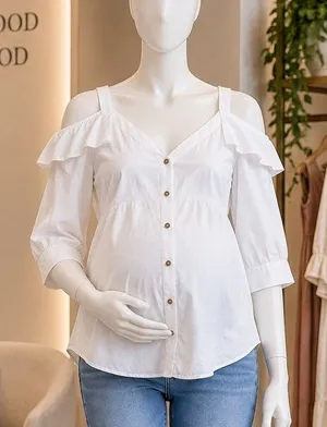 Motherhood Maternity White Cold Shoulder Button Front Shirt Dress M thumbnail 1