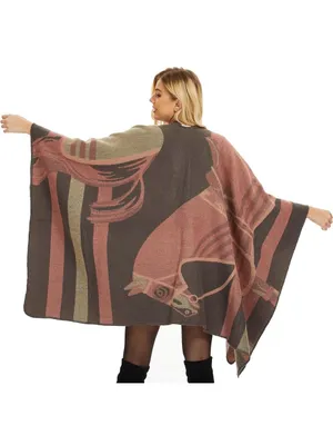 Striped Pink and Gray Poncho Cape - Women's Wrap thumbnail 3