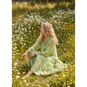 Free People Feeling Groovy Maxi Dress Size XS 70s Chartreuse Floral Bohemian thumbnail 5