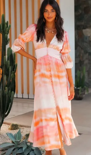Petal & Pup Alton Pink Orange Dip Tie Dye Puff Sleeve Satin Midi Dress Size XL thumbnail 1