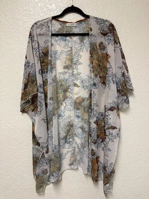 Live to be spoiled Maeve Floral Sheer Kimono Cardigan - White with Brown Floral thumbnail 1