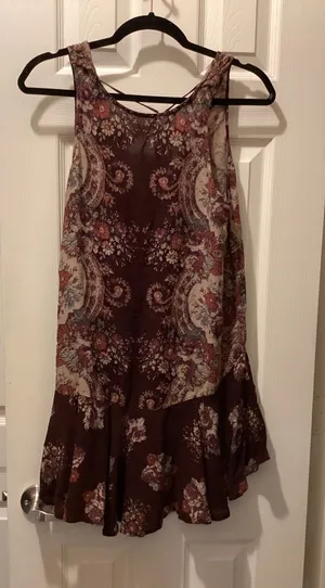 Free People Burgundy Paisley Floral Ruffled Hem Skater Dress thumbnail 1