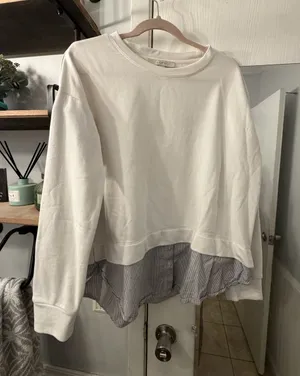 LOFT Cream Layered Pullover with Striped Shirt Hem thumbnail 1