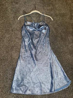 Zara Light Blue Foil Metallic Cowl Neck Mini Slip Dress thumbnail 1