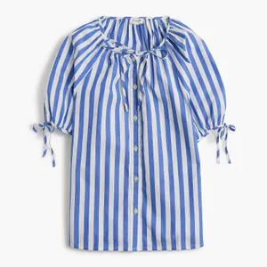J. Crew Striped Button-Front Top with Tie Sleeves Brilliant Blue White Small thumbnail 1