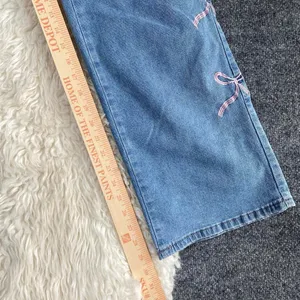 Gogo Jeans Denim Blue Wide Leg Jeans Mid Rise Pink Bow Embroidered Coquette Boho thumbnail 5