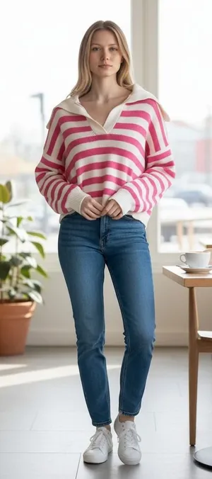 Sincerely Jules Pink White Striped Sailor Collar V-Neck Knit Sweater Med Preppy thumbnail 1