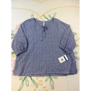 Leo & Nicole Blue‎ Gingham Cotton Blouse 3/4 Puff Sleeve Tie Neck Top Xl NEW thumbnail 3