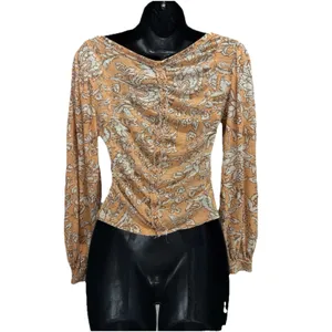 Free‎ People Orange/White Floral Long Sleeve Crop Rouching V Neck Blouse Size XS thumbnail 4