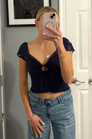 Fab Rik Navy Blue Lace Button Front Blouse thumbnail 1