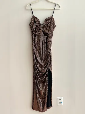 Selfie Leslie Dancing In September Thigh Split Sequin Dress Bronze, Size XL thumbnail 6