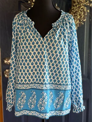 J. Crew Blue and White Patterned Blouse Size Small thumbnail 1