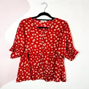 Madewell‎ Floral Peplum Top Womens Large 100% Cotton Red Puff Sleeve thumbnail 2