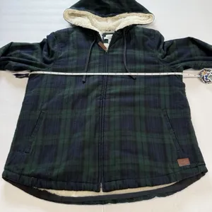LL Bean Scotch Plaid Flannel Shirt Sherpa Lined Zip Hoodie Jacket Blue Green S thumbnail 10