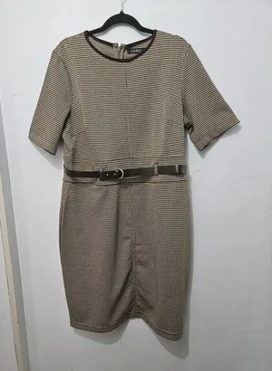 Ralph Lauren Black Label Womens XL Tan Knit Houndstooth Work Shift Dress thumbnail 1