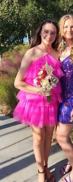 Dillard's Pink ruffle halter dress thumbnail 1